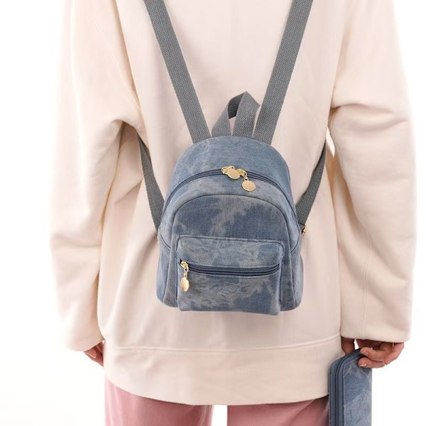 Retro denimryggsäck, mångsidig skolryggsäck för damer i skogsstil, fräsch och enkel högkvalitativ damryggsäck Blue