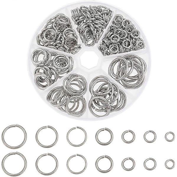 226 stk. 7 Størrelser 304 Rustfrit Stål Åbne Springringe 8/10/11/14/16/18/20mm Store O-ringe Runde Springringe Smykkeforbindelsesringe til Nøgleringe Halskæder