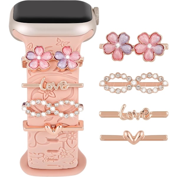 1 sett med charms til Apple Watch-stropper for kvinner, dekorative ringer for iWatch-serier, charms-tilbehør til silikonestropper Rose gold Love