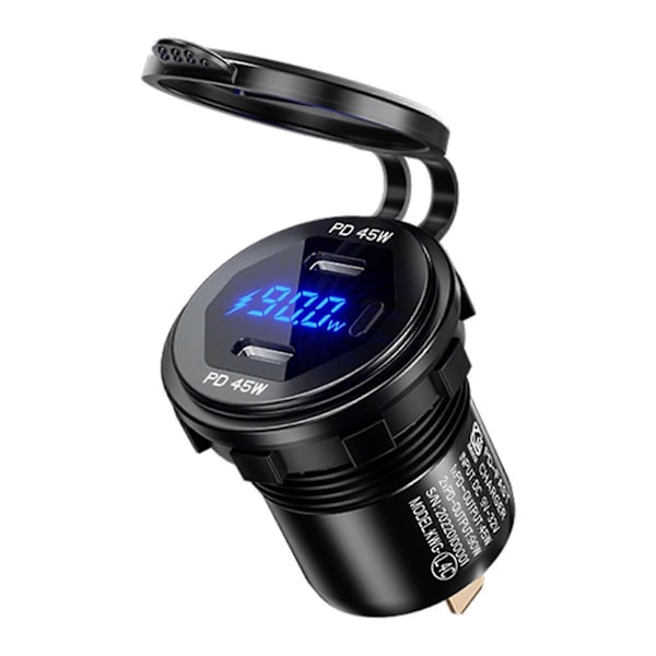 Metal 90W Dobbelt Type C USB C PD Hurtig Biloplader med Spænding/Effekt Display Black Blue light