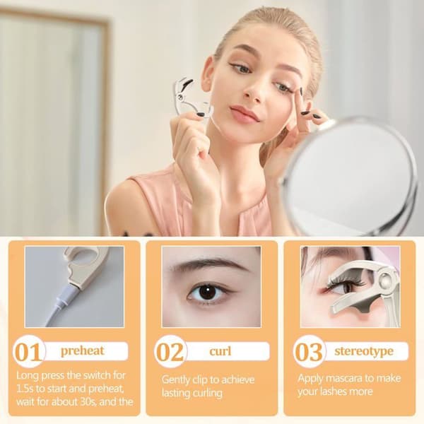 Genopladelig USB-opvarmet øjenvippebukker - 1, Beige, Standard, Rammeløs, Præcision, Langvarig effekt, Makeup