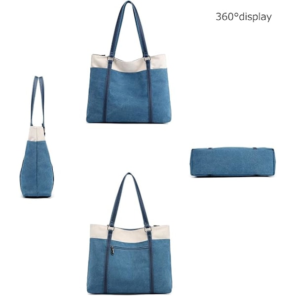 Stor Canvas Tote Bag för Kvinnor, Axelväska för Resor, Arbete, Flera Fickor Negro