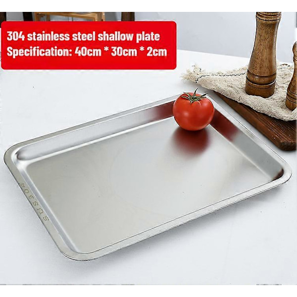 304 rustfritt stålbrett, rektangulær ren flat bunn firkantet plate, kommersiell kjøkken bakefiskplate, fortykket dampet risplate D-style L40 W30 H2flat bottom
