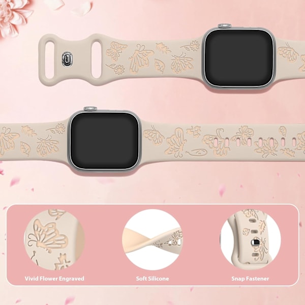 Blomstergraveret Rem til Apple Watch Remme Kvinder Dame Urrem, Silikon Sød Blomst Sommerfugl Sportbånd til Apple Watch Serie Starlight Milktea 42/44/45mm