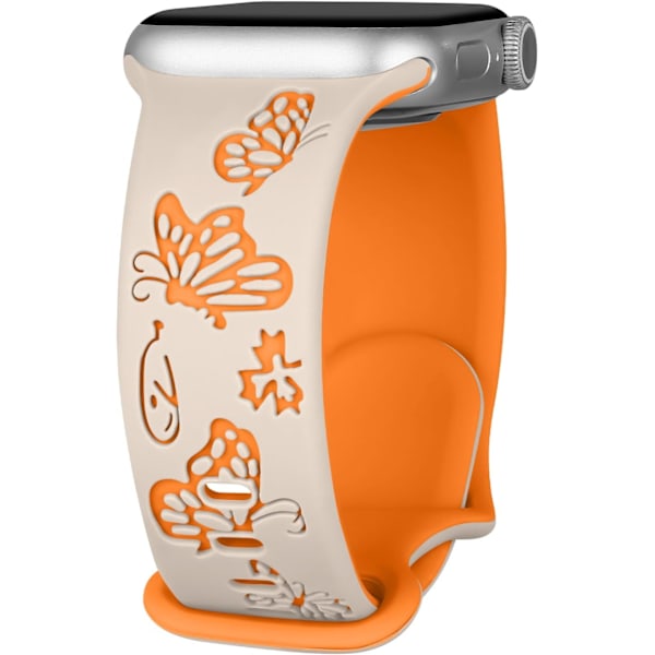 Blomstergraveret Rem til Apple Watch Remme Kvinder Dame Urrem, Silikon Sød Blomst Sommerfugl Sportbånd til Apple Watch Serie Starlight Orange 42/44/45mm