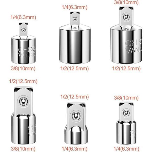 Set med 6 hylsadaptrar - Reducerings- och förlängningsset 1/4\", 3/8\", 1/2\" - För spärrskaft och bits