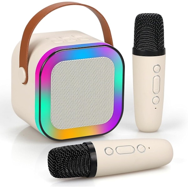 Mini Karaoke-maskin för barn och vuxna, bärbar Bluetooth-karaokespeaker med 2 trådlösa mikrofoner, perfekt present till flickors födelsedagsfest Off-white