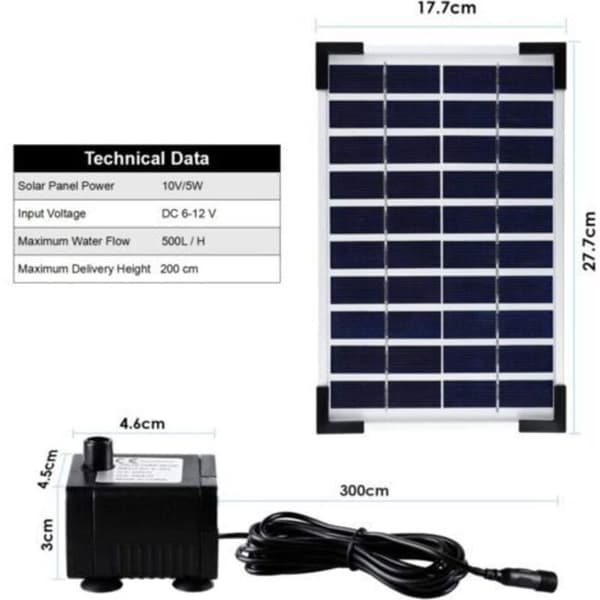 5W Solcellsdriven fontän för utomhusbruk, solcellsdriven damm-pump, solcellsdriven vattenpump för poolfontän, 3 munstycken, 380 l/h, max. flödeshöjd: 60 cm