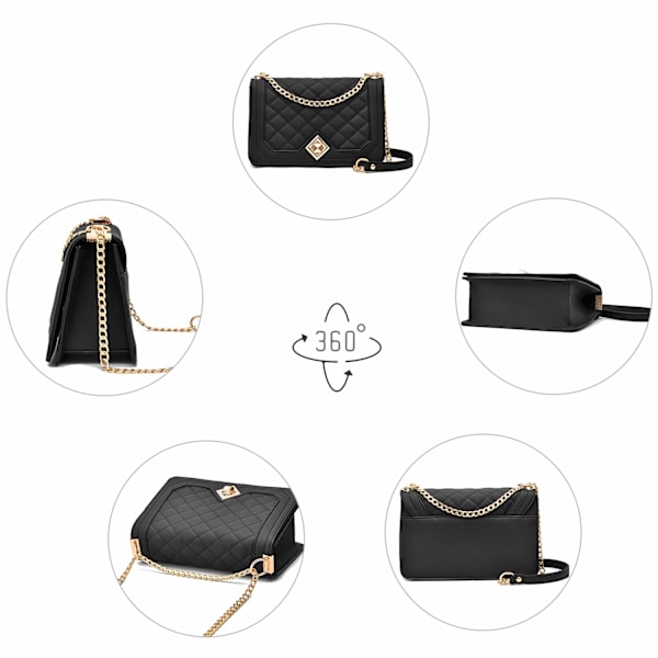 Crossbody-tasker til kvinder - PU-læder quiltet håndtaske med guld kæde rem - Moderigtig sød crossbody telefon taske Black