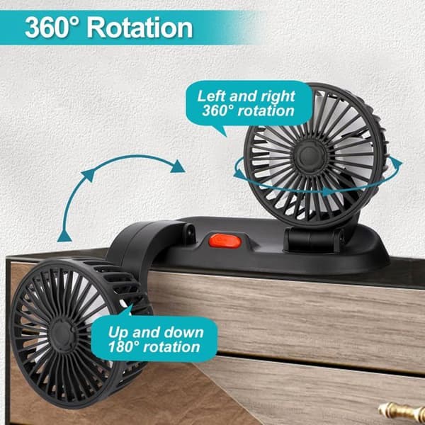 Dobbelt hoved bilventilator, 360° roterende ventilator, kraftig lydløs ventilator, 2 hastigheder, USB bærbar