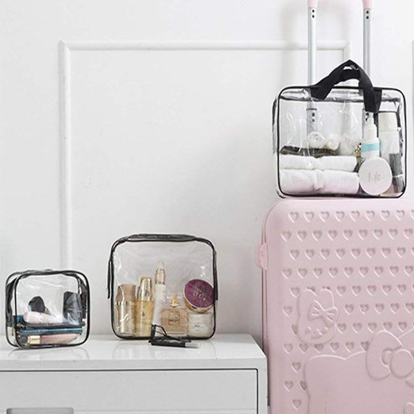 Transparent kosmetikpose Air, plastik rejsetaske til toiletartikler - sort, 3 stk