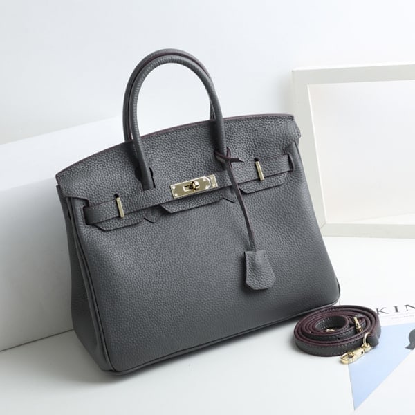 Handväska i läder för kvinnor, Tote-väska i första lagret koskinn, Pendlarväska med axelrem Iron Gray 30cm