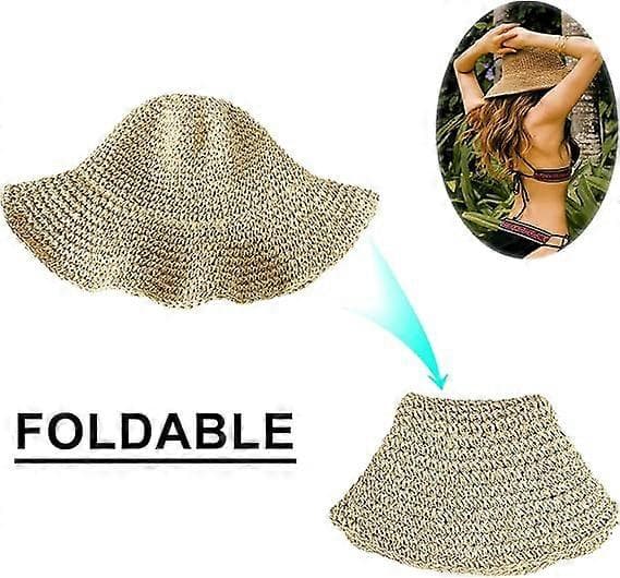 Stråhat til kvinder, sammenfoldelig floppy bredskygget solhat, sommer udendørs strandhat UV-beskyttelse til kvinder piger