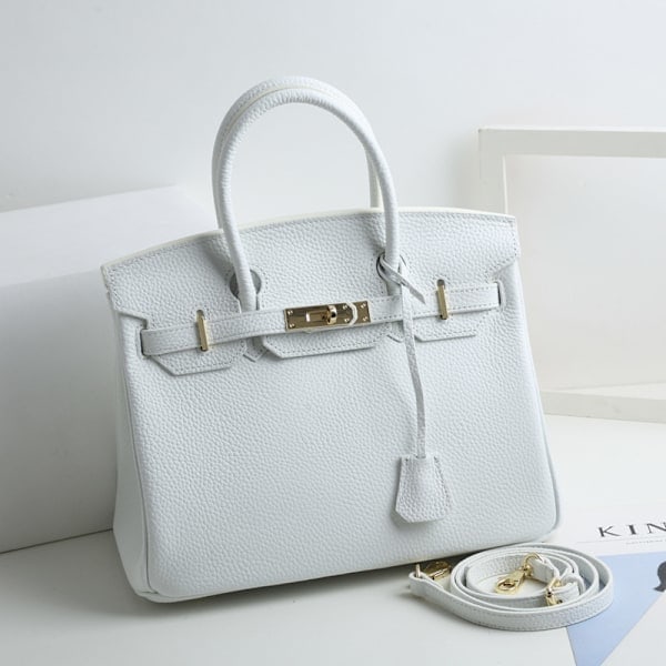 Handväska i läder för kvinnor, Tote-väska i första lagret koskinn, Pendlarväska med axelrem Pure White 35cm