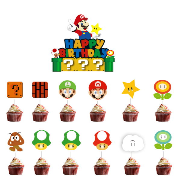 26 stykker Super Mario-dekorasjoner, bursdagskake, cupcakes