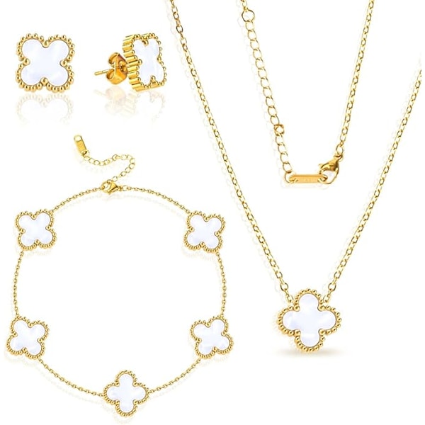 Four Leaf Clover Jewelry Sets for Women Girls, Gold Plated Stainless Steel Double Sided White Necklace, Earrings, Bracelet