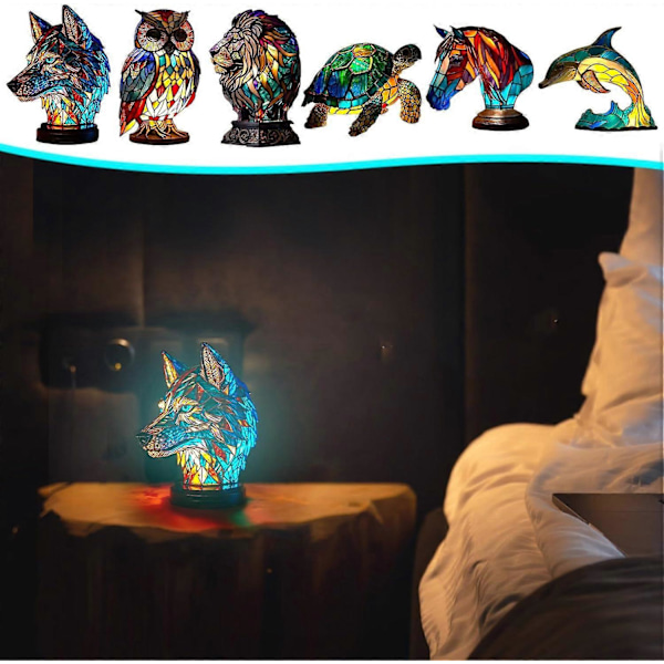 Malt Animal Bordlampe, Marokkansk Lanterne Dekorativ Skrivebordslampe Nattlys Mosaikk Glass Sengelampe Estetisk Dekor for Soverom Owl shape