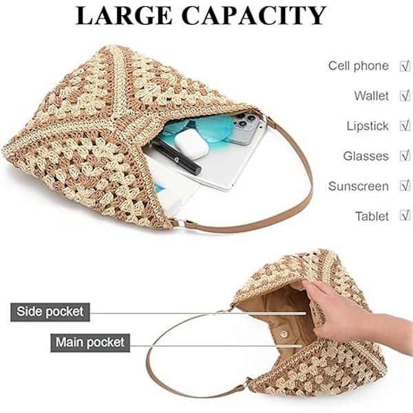 Stor Crossbody-väska för Kvinnor, Sommarväska i Raffia, Damväska i Halm, Sommarstrandväska, Tygväska, Virkade Väskor Marrón