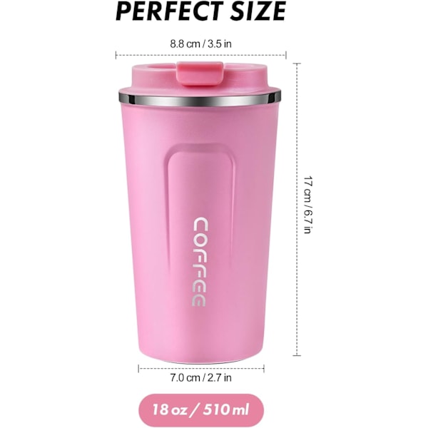 Reisekopp med lekkasikkert lokk Gjenbrukbar isolert kaffekopp for varme og kalde drikker/te Bærbar termos i rustfritt stål Termoskopp for takeaway Pink 510ml