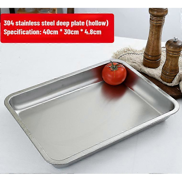 304 bricka i rostfritt stål, rektangulär ren platt botten fyrkantig plåt, kommersiellt kök bakplåt, förtjockad ångad risplåt K-style L40 W30 H4.8flat bottom