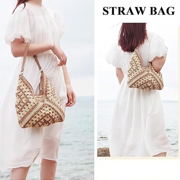 Stor Crossbody-väska för Kvinnor, Sommarväska i Raffia, Damväska i Halm, Sommarstrandväska, Tygväska, Virkade Väskor Marrón