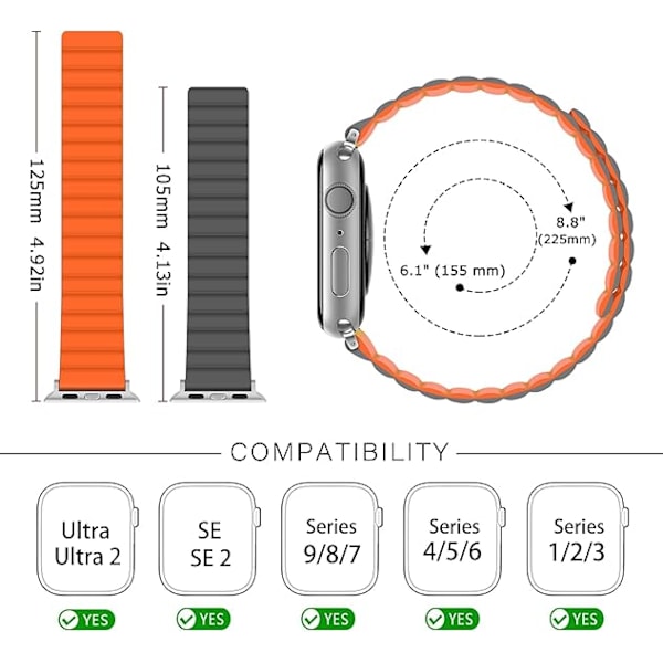 Magneettiset hihnat yhteensopivat Apple Watch -hihnan kanssa, silikonihihna magneettilukolla miehille ja naisille Orange Grey 42/44/45/49mm