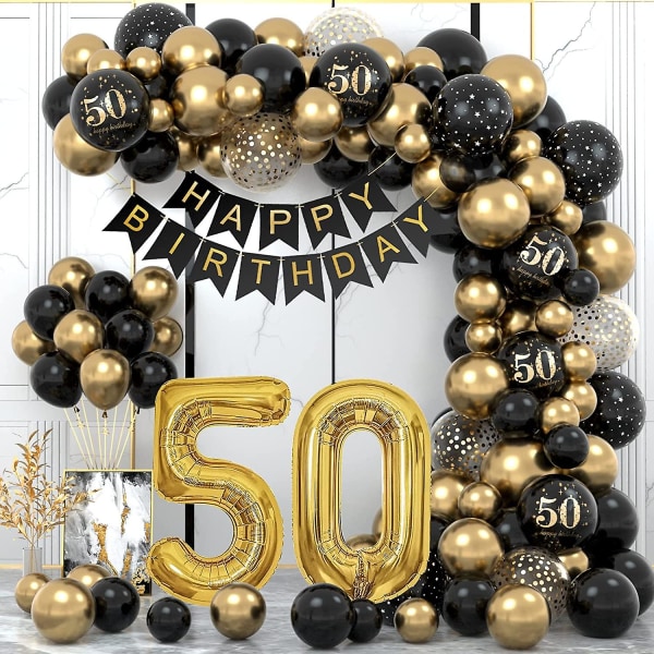 50-års fødselsdagsdekoration, 50. mand Kvinder Fest Fødselsdagsdekorationer, Tillykke med fødselsdagen Garland Ballon Sort Guld Dekoration