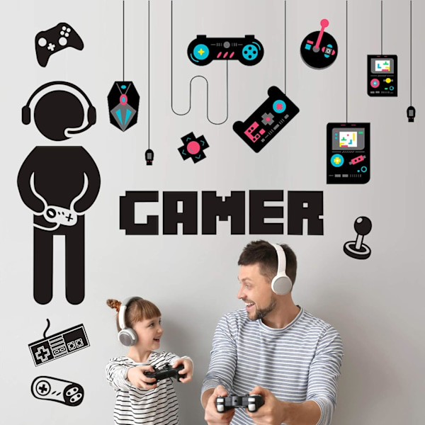 2 Sheets of Gamer Wall Stickers with Colorful Controller Wall Decals, Vinyl Gaming Joystick Cartoon Party Wallpaper, Removable Video Game Wall Mural