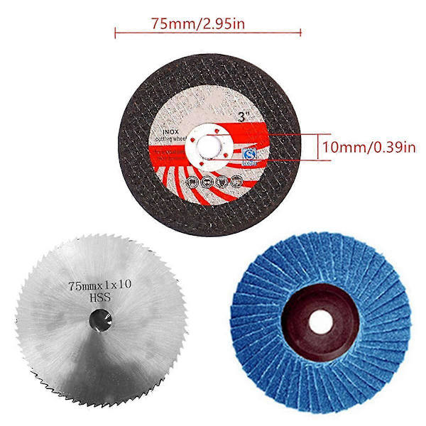 16 kpl 75x10 mm kulmahiomalaikkasarja puulle ja metallille, katkaisulaikka HSS-kovametallikiillotuslevy 12 V