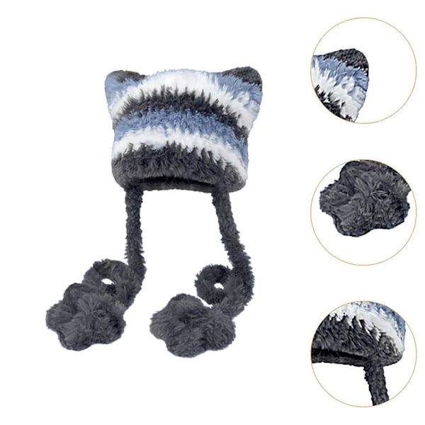 Kissakorva pipo naisille, korvasuoja, tuulenpitävä hiihtopipo, talvihattu sininen ja harmaa Blue and Gray Hat Circumference 56cm to 58cm