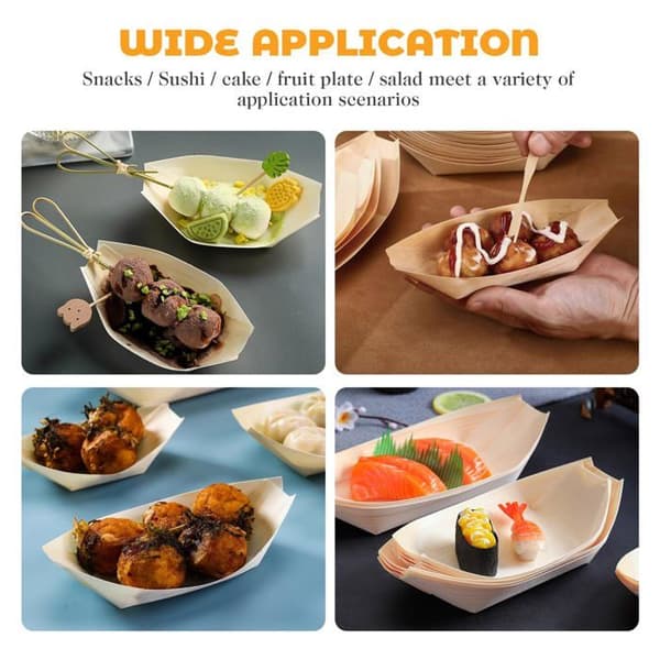 100 engangs bambus båtformede skåler 11x7cm - Currywurst/pommes frites/sushi/buffet
