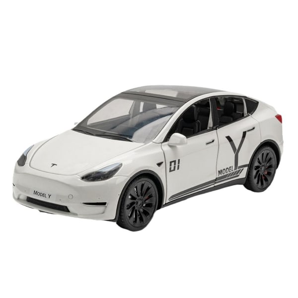 Leksaksbil i legering för Tesla Model Y, modell Y med ljud och ljus, vit