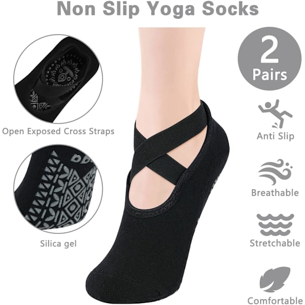 Yoga Sokker, Anti-Skrid Pilates Sokker med Remme, Bomuld Fem-Tå Greb Sokker til Pilates, Ballet, Barre, Barefoot Træning, Dans - Svedabsorption 2Pairs Black