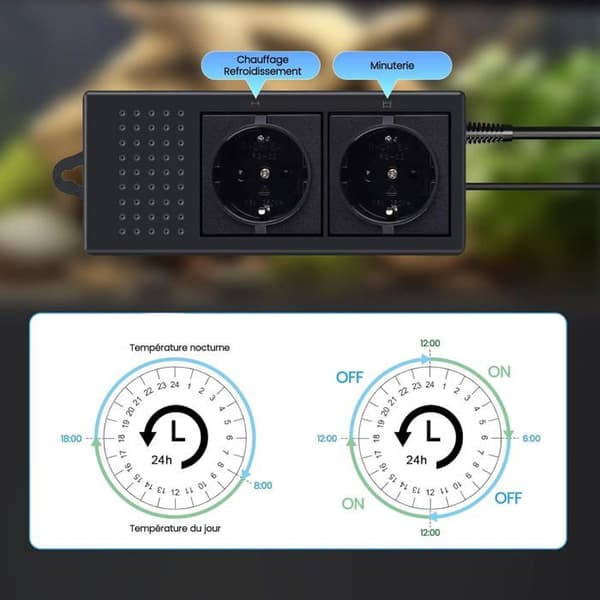 220V termostatisk plugg, egnet for reptilterrarier, med timer, digital temperaturkontroller og sonde.