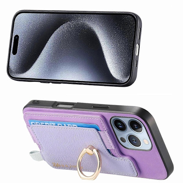 B5 For iPhone 16 Pro Max Etui 2-i-1 Magnetisk Avtakbar Kortlomme Lær+TPU Telefondeksel - Lilla Purple