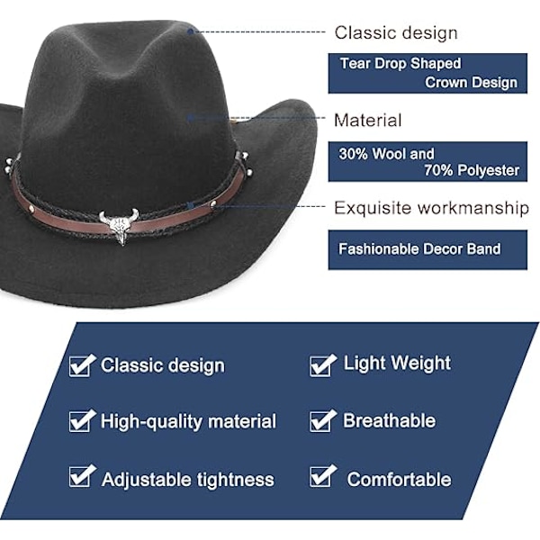 1 stk Cowboyhat i uldfilt til mænd og kvinder - Klassisk fedora med oprullet kant - Cowgirlhat - Western Cowboyhat