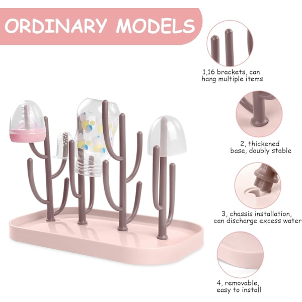Babyflaske tørrestativ, flasketørrestativ med avtakbar dryppskål, babytørrestativ ideelt for flasker, smokker, holder babytilbehør Pink