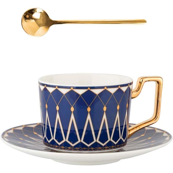 Elegant Teekopp och Fat Set i Keramik, 8oz Kaffekopp för Afternoon Tea - Geometrisk Mönster