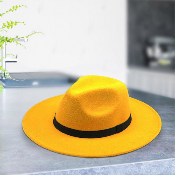 Retro Herrehatt i Ull, Ren Ull i Gul med Bredbremmet Ullfilt for Trendy Jazzhatt
