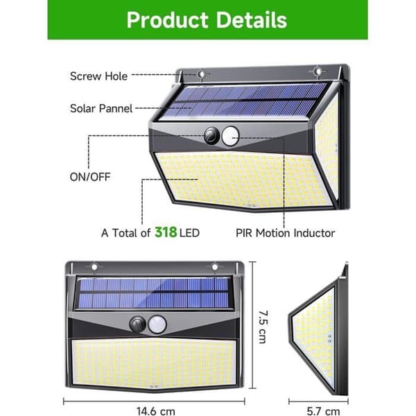 Udendørs solcellelampe, 【318 LED 2000LM】Udendørs solcellelampe med bevægelsessensor, 3 lystilstande, IP65 (2 stk.)