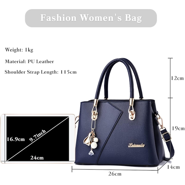 Dame Håndveske med Flere Lommer, Tote Bag med Topphåndtak, PU Lær Skulderveske, Crossbody Veske Azul