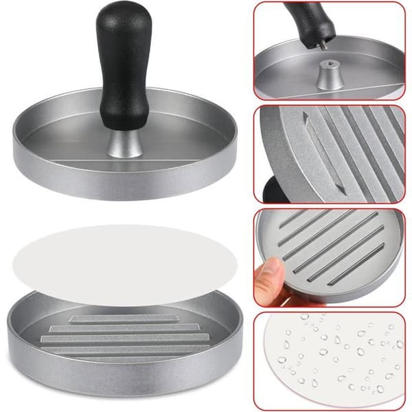 Non-stick aluminium hamburgerpresser til fyldte bøffer, grillsikker, inkluderer 100 ark vokspapir