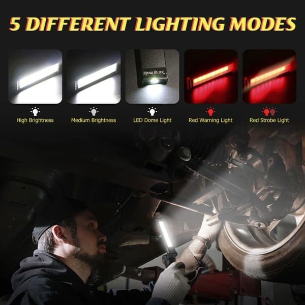 Oppladbar COB lommelykt/arbeidslampe/arbeidslys med magnetisk base, 5 moduser, campinglampe (2 stk)