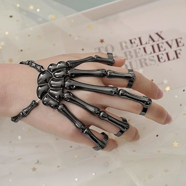 Skeleton Punk Håndknogle Armbånd med Ring Skalle Fingre Armbånd Spøgelses Håndkæde til Mænd og Kvinder Halloween