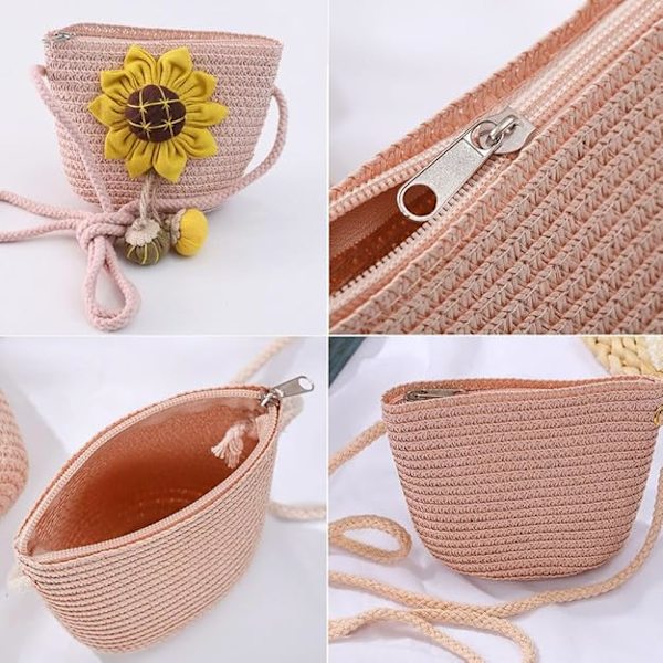 Strå Crossbody Taske med Solsikke Blomster Strå Skuldertasker til Børn til Strandferie Udendørs Aktiviteter
