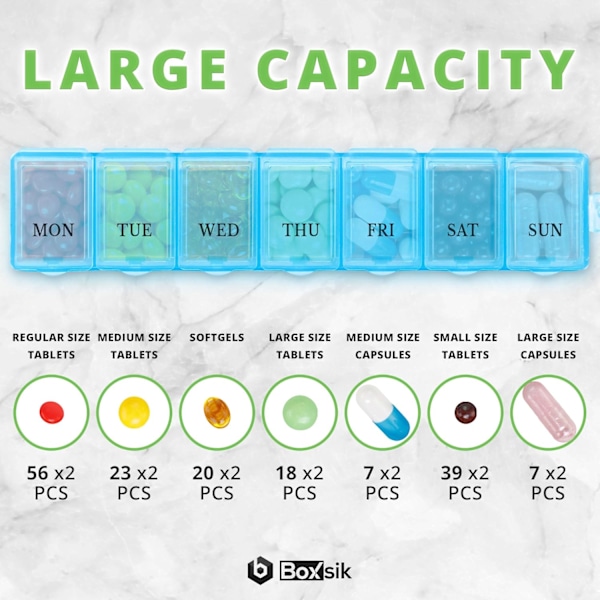 1 kpl Pill Box -järjestäjä, 7 päivää 1 kertaa päivässä lääkkeiden säilytyslaatikko, viikoittainen tablettien säilytyslaatikko vitamiineille Blue
