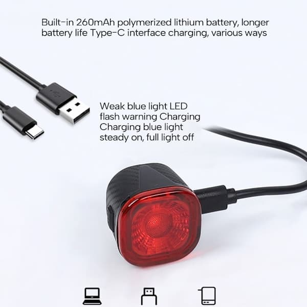 Sykkelbaklykt med sensor, bremsedeteksjon, USB-lading, sikkerhetslys