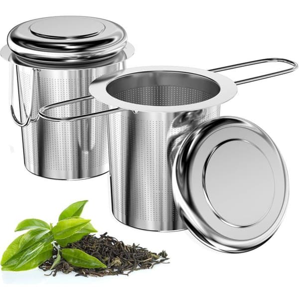 2-delt te-infuser sæt i 304 rustfrit stål, tefilter med fine huller med foldbare håndtag og låg, genanvendelig infuser