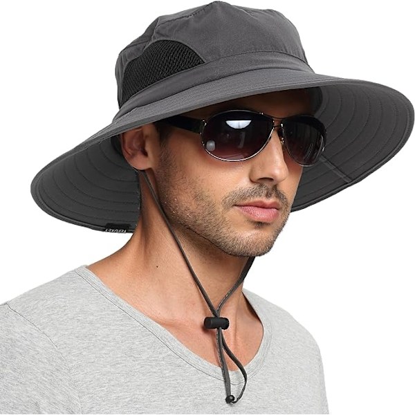 Sommerhatt med bred brem for menn og kvinner, UV-beskyttelse, fiskerhatt, bøttehatt for safari, fotturer, strand, sykling, fjellklatring 01 Gris oscuro