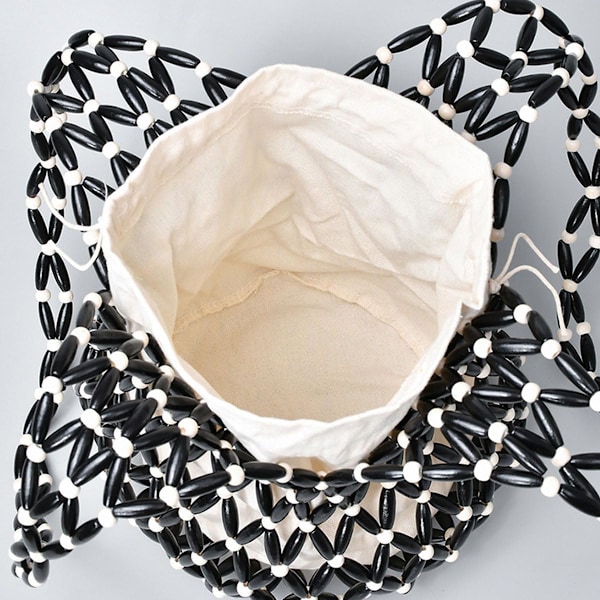 Retro Træ Skuldertaske Kvinder Vævet Perlebesat Håndtaske Udhulet Tote Taske Casual Strand Bucket Taske Khaki